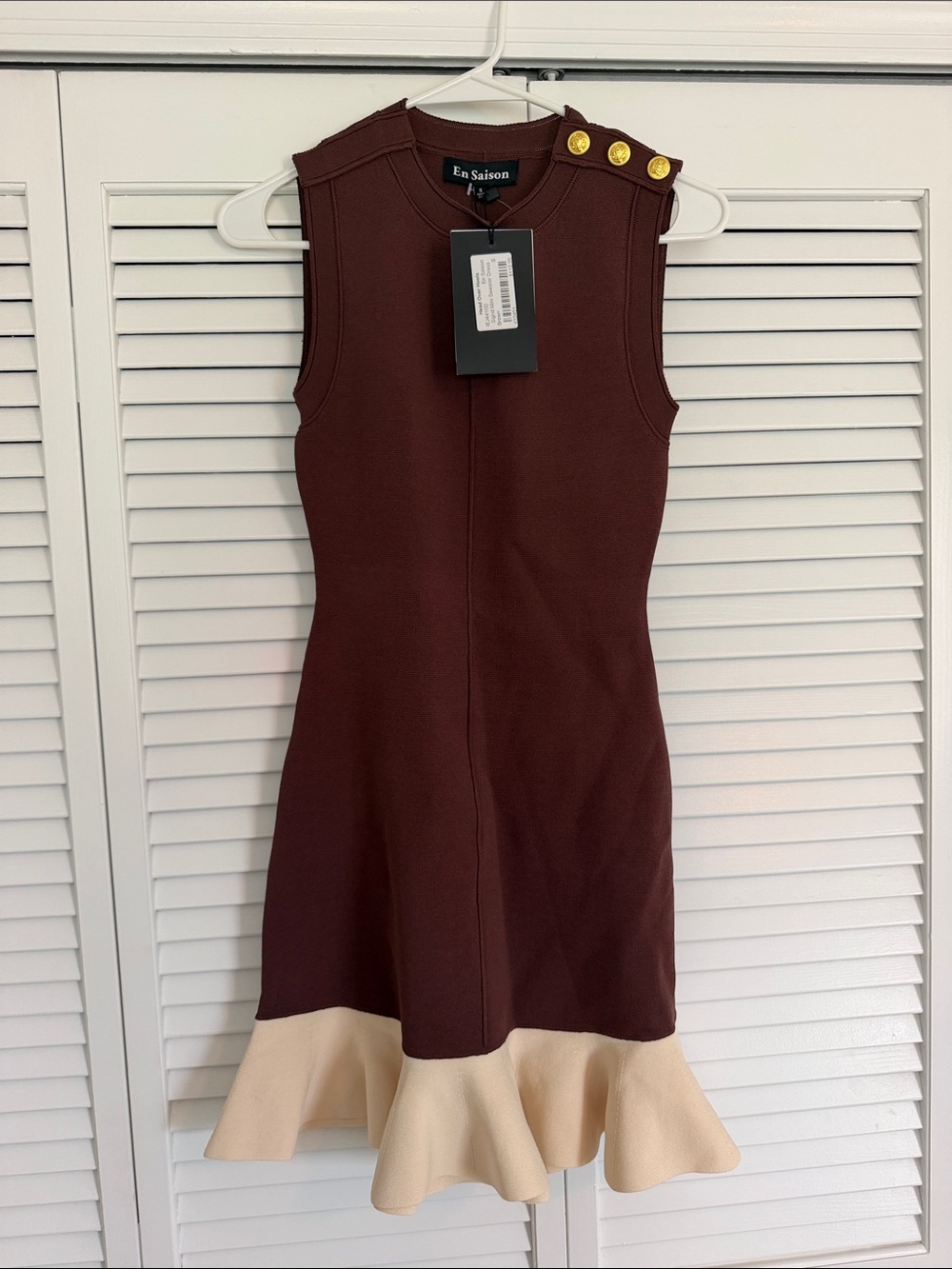En Saison Brown Midi Dress with Cream Flounce and Gold Buttons